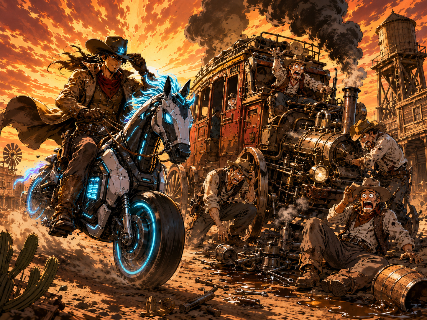 A smoky gasoline stagecoach broken down while EV Cowboy waits calmly on an electric steed