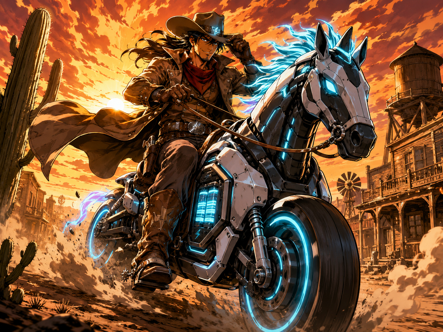 EV Cowboy riding a futuristic electric steed through a wild west town at sunset