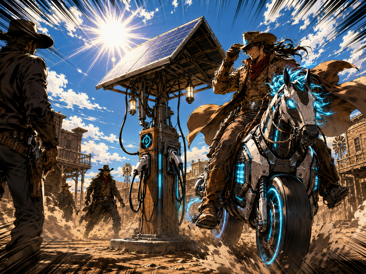 EV Cowboy at a high-noon charging post in a western town