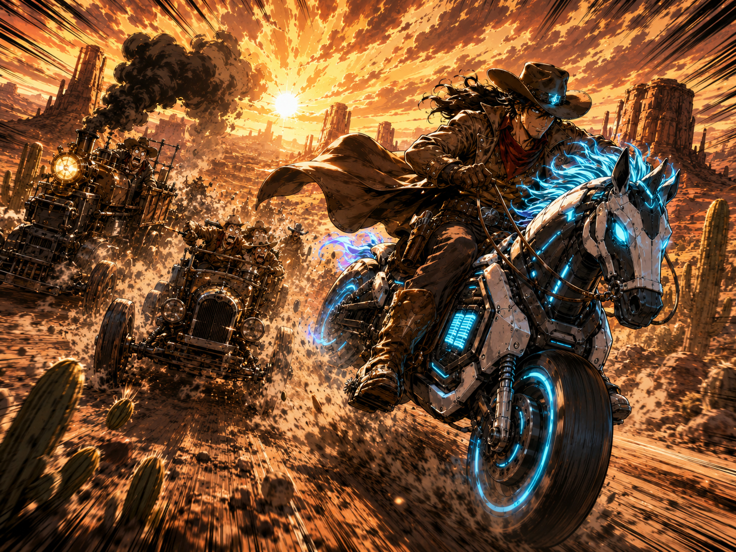 EV Cowboy racing his silent electric steed through the desert