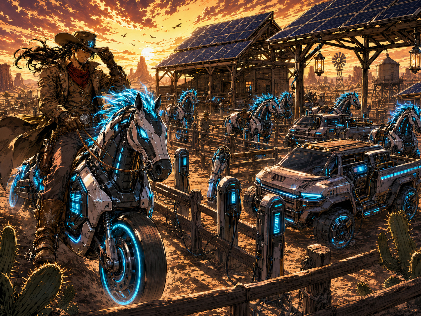 A solar ranch charging corral with electric steeds and EV ranch vehicles